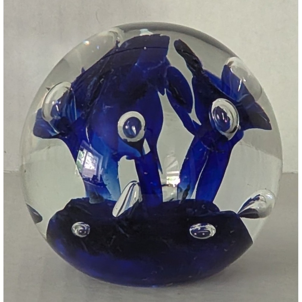 Vintage Joe Hamon Art Glass Paperweight Cobalt Blue Flowers W/Controlled Bubbles